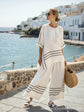 Women’s Summer Striped Two-Piece Set – Loose Batwing Sleeve T-Shirt & Solid Straight-Leg Pants
