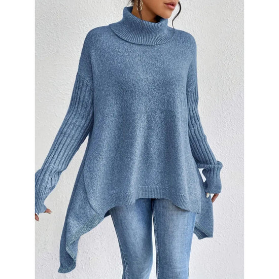 Women’s Irregular Turtleneck Sweater – Loose Knit Long Sleeve Pullover