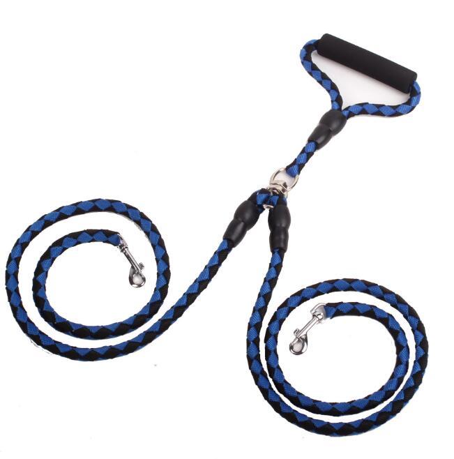 Double-ended dog leash with heavy-duty nylon rope, padded handle, and reflective threads.