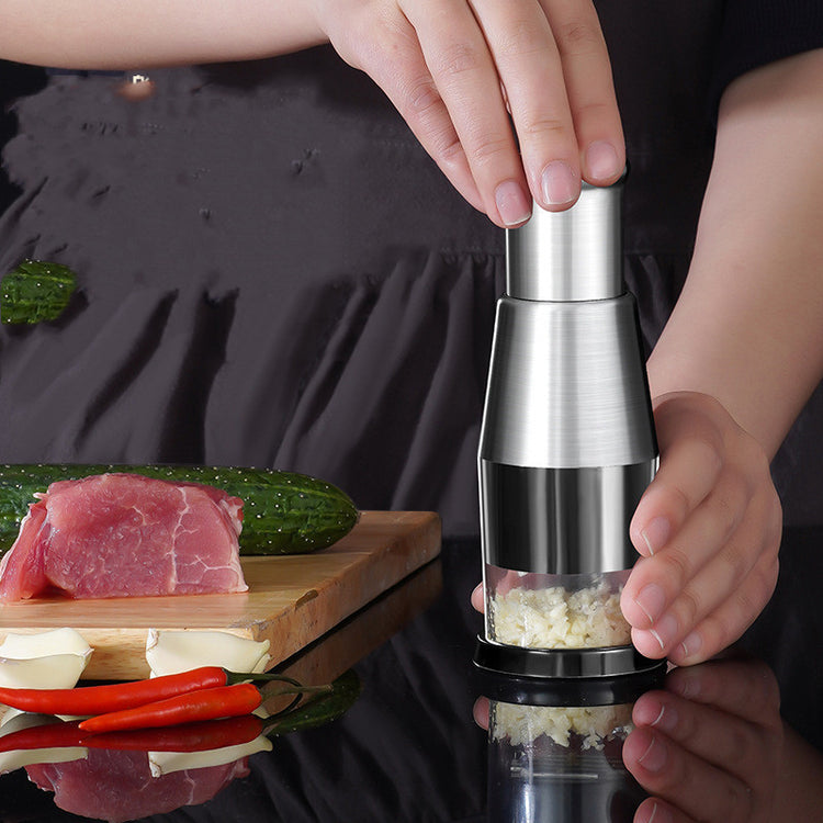 Manual stainless steel garlic and onion chopper with press-down design