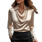 Women’s satin swing collar blouse, long sleeve elegant office top.
