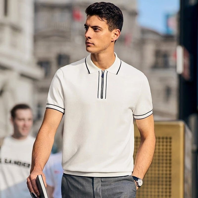 Men’s solid color summer zipper polo shirt with short sleeves.