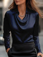 Women’s Swing Collar Draped Blouse – Elegant Satin Office Top