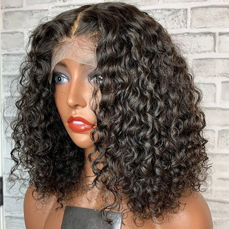 Front lace black medium-length small curly wig with long bangs