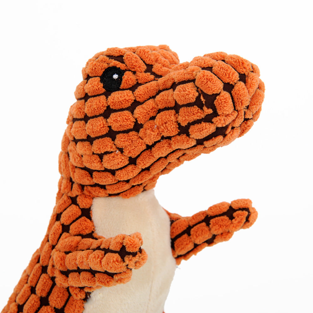Dinosaur plush dog toy with squeaker, interactive chew toy for large dogs.