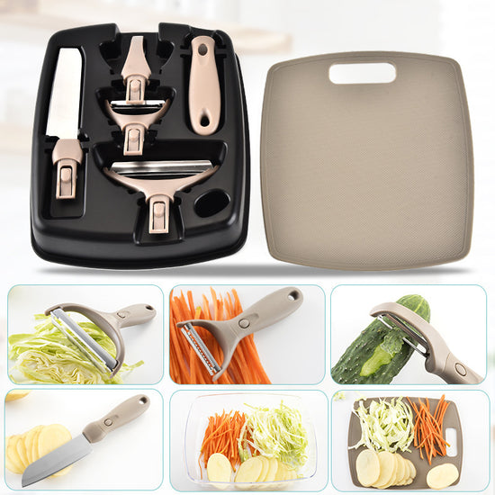 Stainless steel cutter set with wheat straw chopping board, fruit knife, and ergonomic peeler