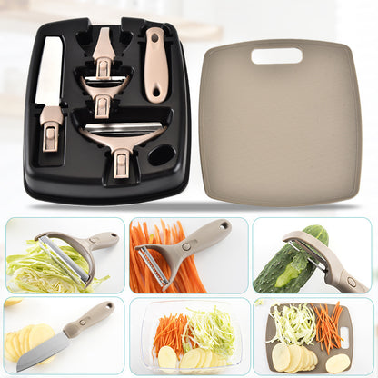 Stainless steel cutter set with wheat straw chopping board, fruit knife, and ergonomic peeler