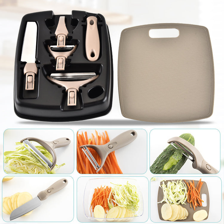 Stainless steel cutter set with wheat straw chopping board, fruit knife, and ergonomic peeler