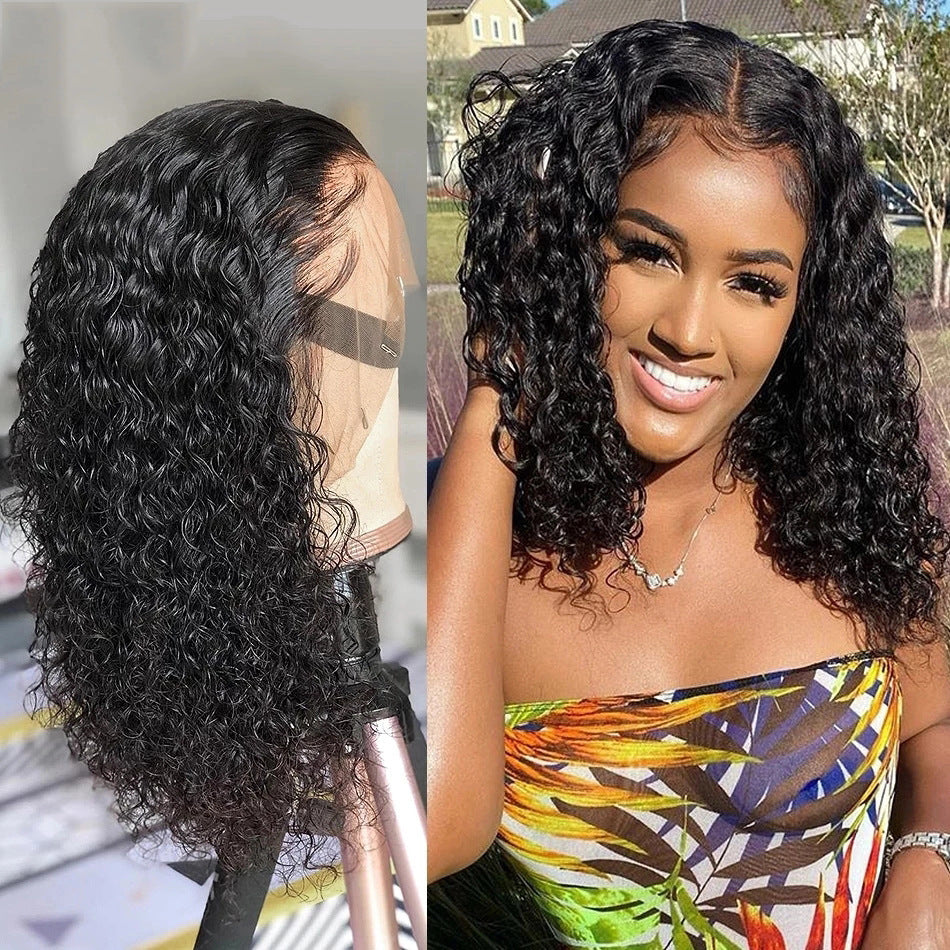 Front lace black medium-length small curly wig with long bangs