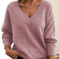 Women’s Solid V-Neck Sweater – Loose Long Sleeve Knitted Pullover