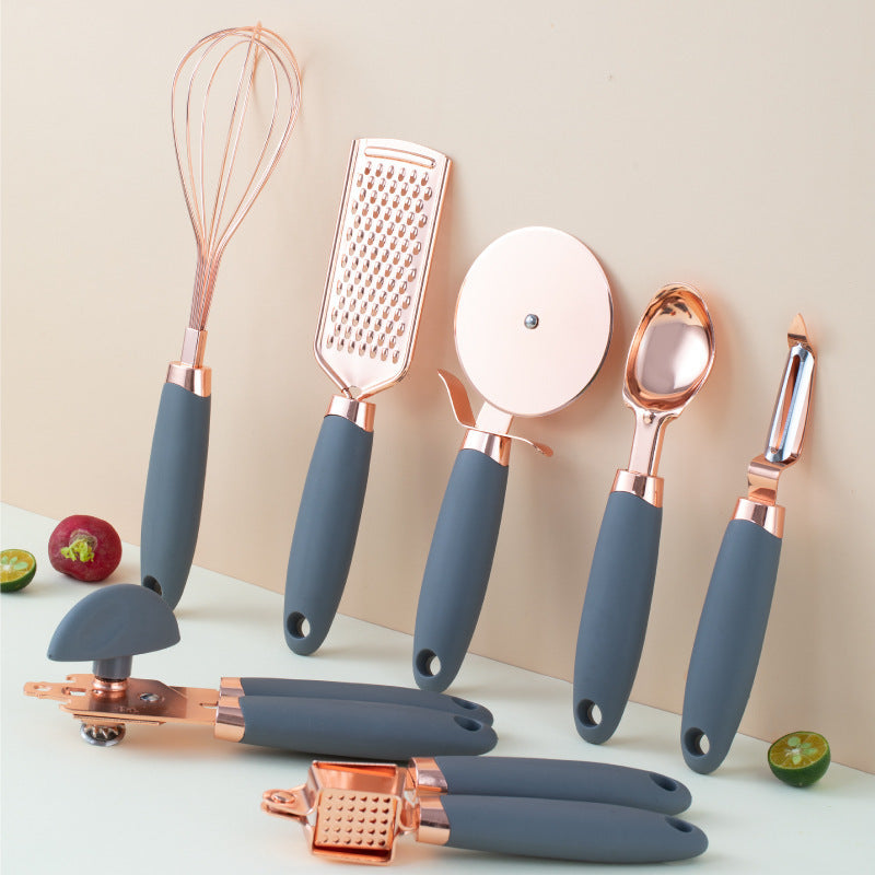 Copper-plated stainless steel 7-piece kitchen gadget and peeler set with storage rack