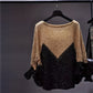 Women’s Color-Block Batwing Sleeve Top – Loose Fit Round Neck Knit Sweater
