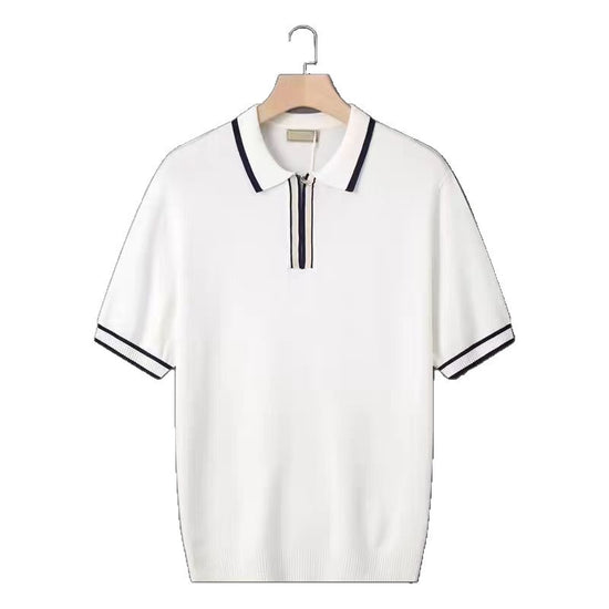 Men’s solid color summer zipper polo shirt with short sleeves.