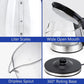 1.8L glass electric kettle with LED light, stainless steel base, and auto shut-off