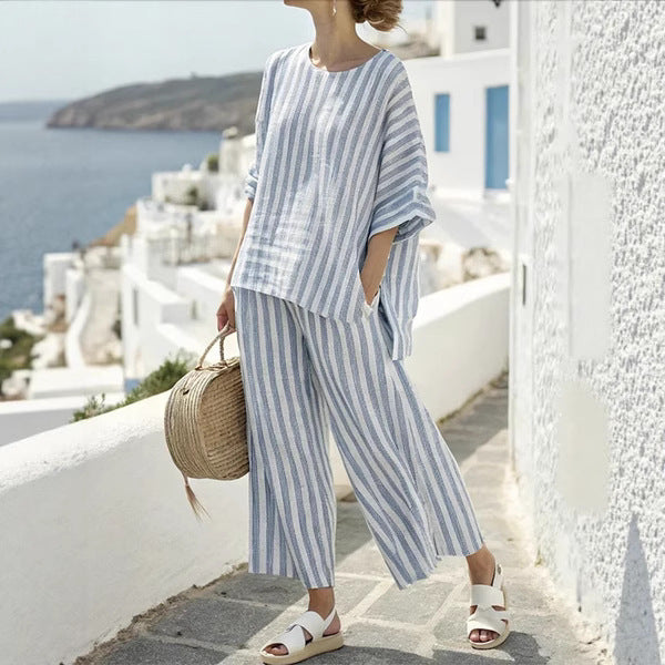 Women’s summer striped batwing sleeve top with solid straight-leg pants two-piece set.