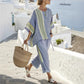 Women’s summer striped batwing sleeve top with solid straight-leg pants two-piece set.