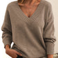 Women’s Solid V-Neck Sweater – Loose Long Sleeve Knitted Pullover
