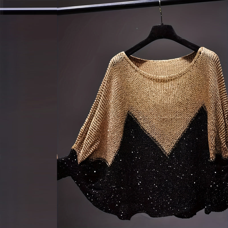 Women’s color-block batwing sleeve knit top, loose fit round neck sweater.