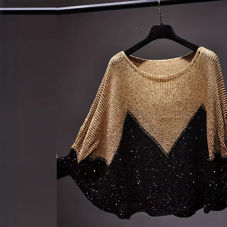 Women’s color-block batwing sleeve knit top, loose fit round neck sweater.