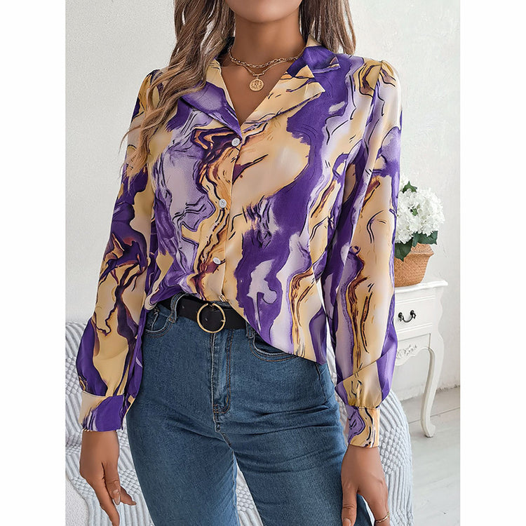 Women’s printed V-neck button-down shirt, long sleeve fall blouse.