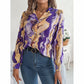 Women’s printed V-neck button-down shirt, long sleeve fall blouse.