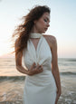 Satin V Neck Pearl Backless Halter Dress for Women