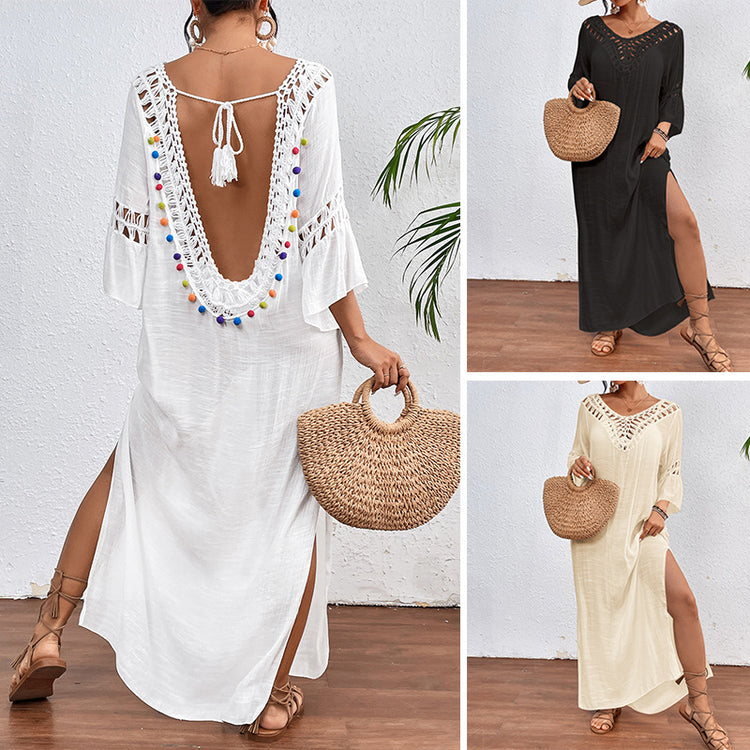 Women’s hand-crocheted colorful backless loose beach overskirt, one size.