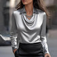 Women’s Swing Collar Draped Blouse – Elegant Satin Office Top