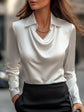 Women’s Swing Collar Draped Blouse – Elegant Satin Office Top