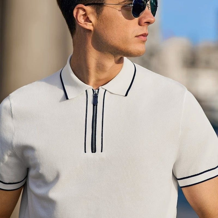 Men’s solid color summer zipper polo shirt with short sleeves.