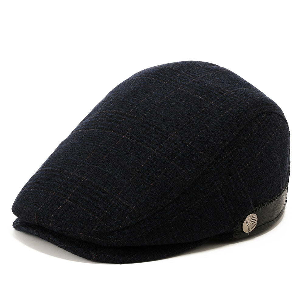 Adjustable woolen beret in gray, coffee, and blue-black herringbone patterns