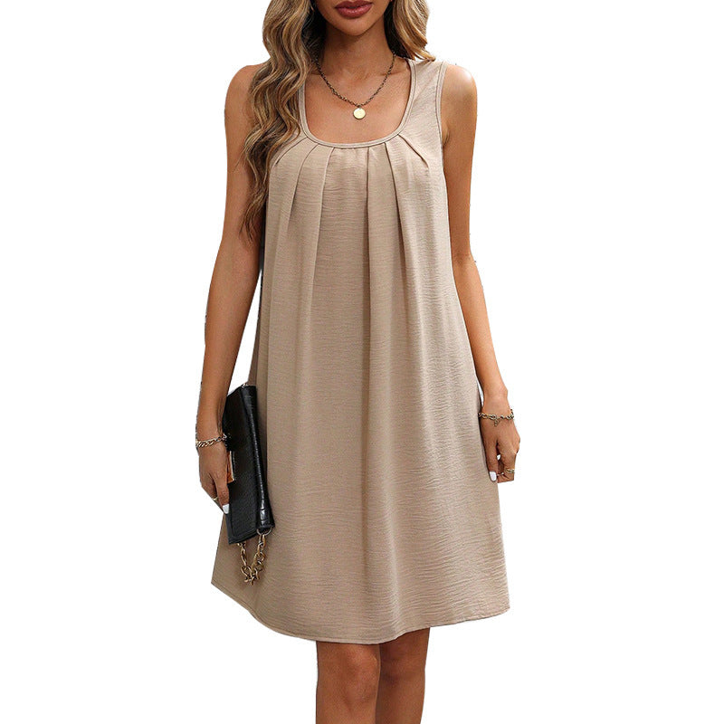 Women’s apricot U-neck strap A-line dress, sleeveless summer dress.