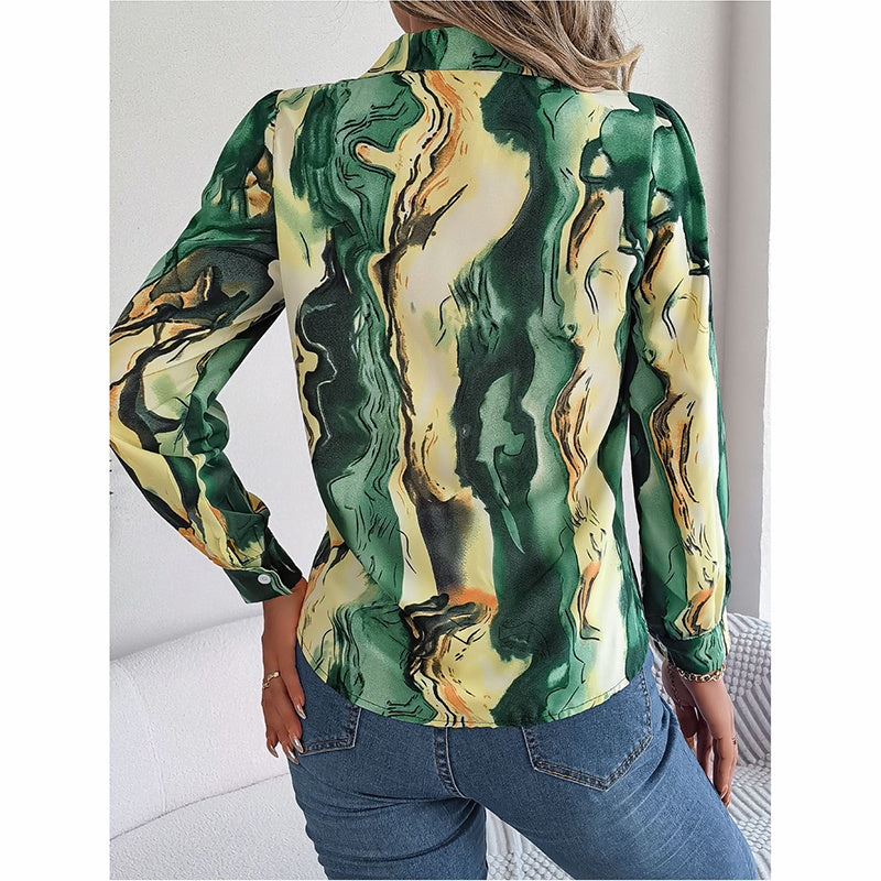 Women’s printed V-neck button-down shirt, long sleeve fall blouse.