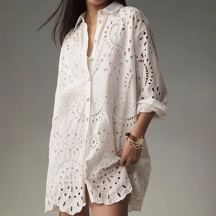 Women’s white solid color hollow buckle lapel shirt, loose fit daily top.