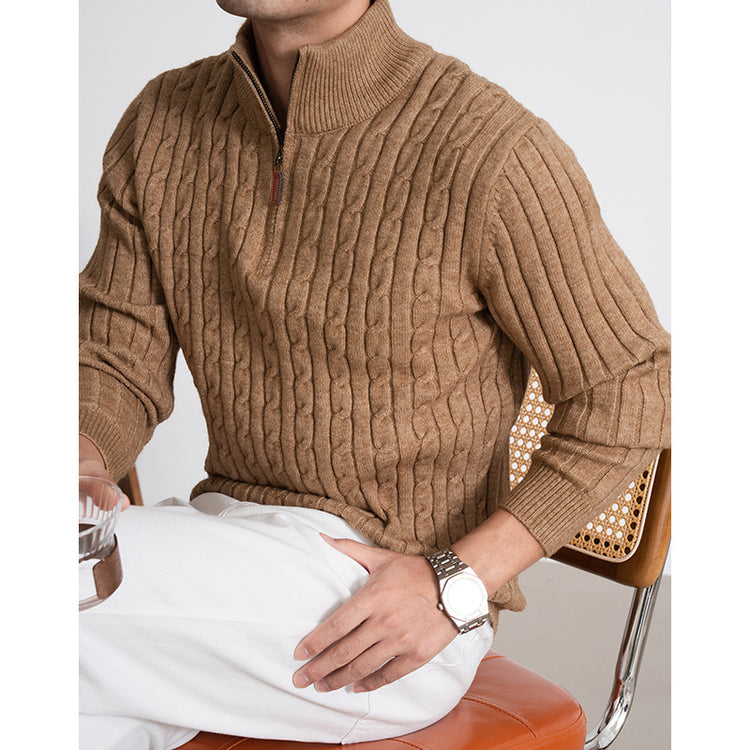 Men’s casual half-height zip twisted sweater in solid colors for winter wear.