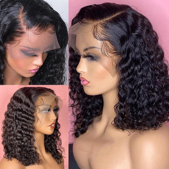 Front lace black medium-length small curly wig with long bangs