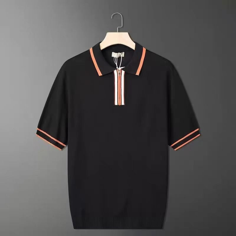 Men’s solid color summer zipper polo shirt with short sleeves.