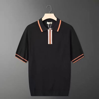 Men’s solid color summer zipper polo shirt with short sleeves.
