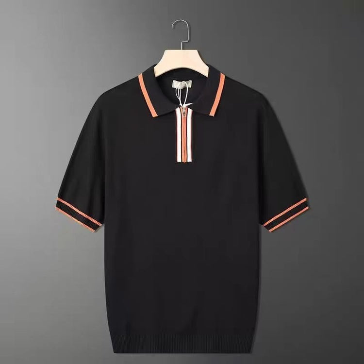 Men’s solid color summer zipper polo shirt with short sleeves.