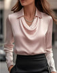 Women’s Swing Collar Draped Blouse – Elegant Satin Office Top