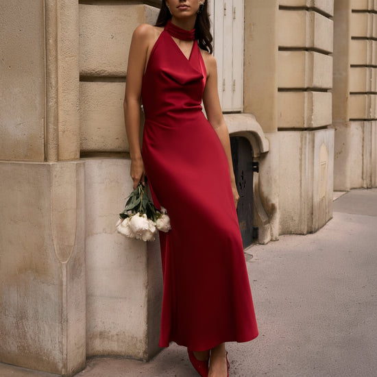 Satin V Neck Pearl Backless Halter Dress for Women