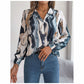 Women’s printed V-neck button-down shirt, long sleeve fall blouse.