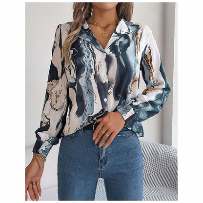Women’s Printed Button-Down V-Neck Shirt – Long Sleeve Fall Top