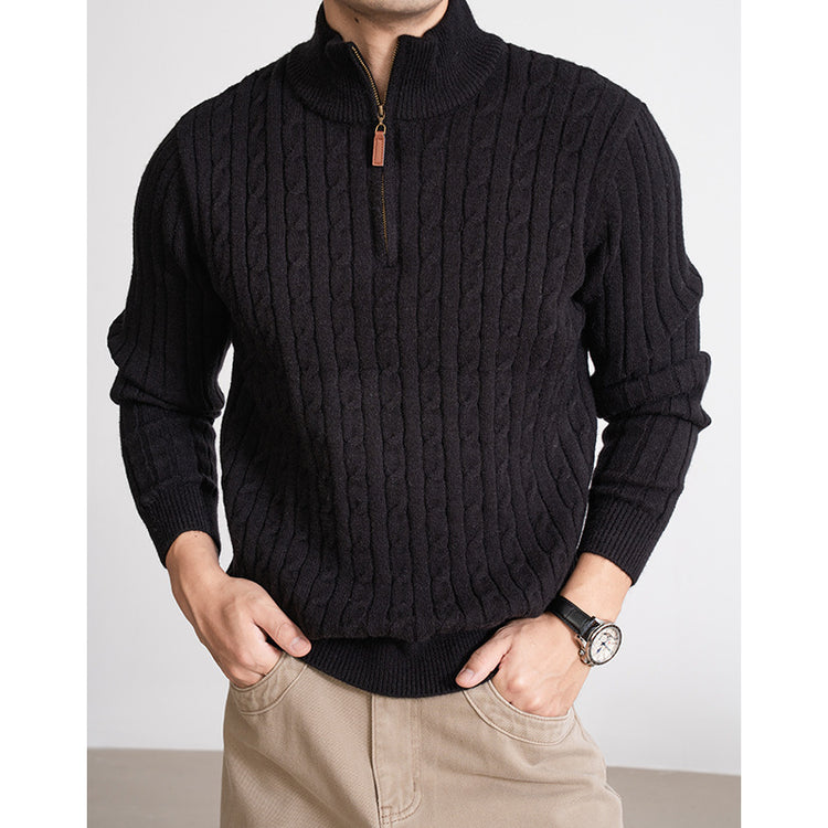 Men’s casual half-height zip twisted sweater in solid colors for winter wear.