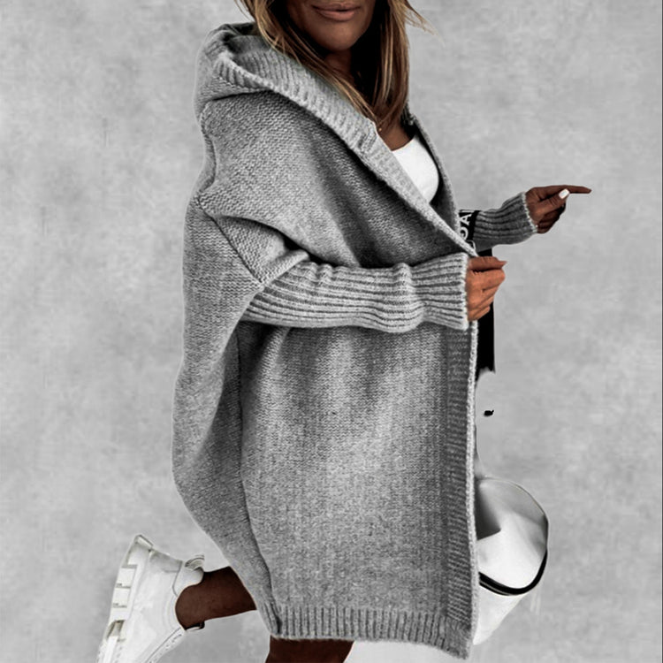 Women’s knitted hooded cardigan with loose batwing sleeves, solid color sweater.