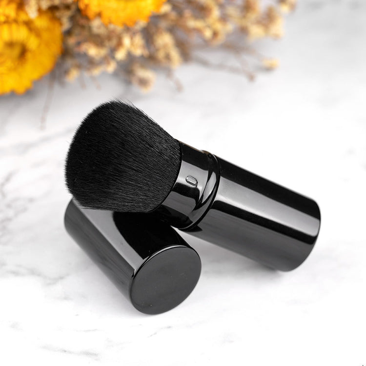 Portable retractable makeup brush with soft fiber bristles and metal handle