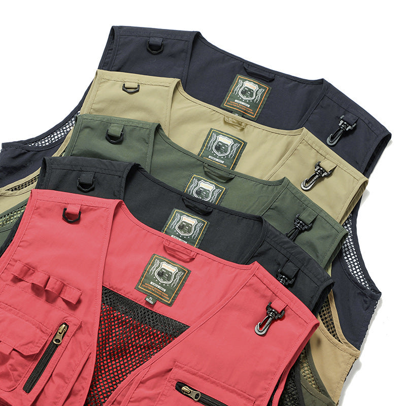 Men’s lightweight 14-pocket tactical mesh vest for summer outdoor fishing and hiking.