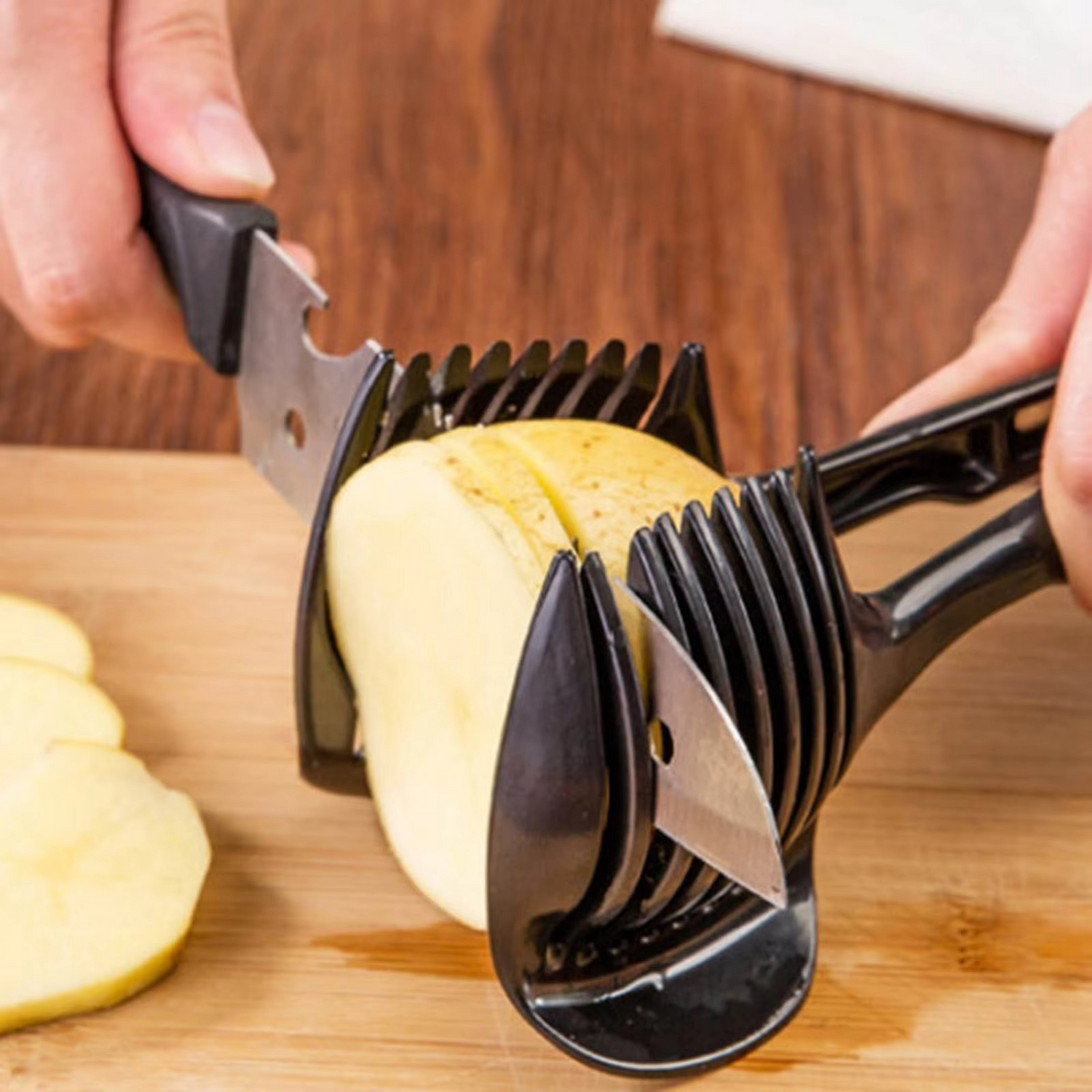 Plastic fruit and vegetable cutting holder with slicing guide slots