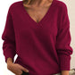 Women’s Solid V-Neck Sweater – Loose Long Sleeve Knitted Pullover