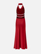Satin V Neck Pearl Backless Halter Dress for Women